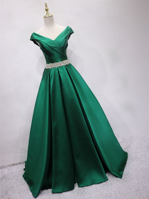 Off the Shoulder Green Long Prom Dress, Off Shoulder Long Green Formal -  shegown