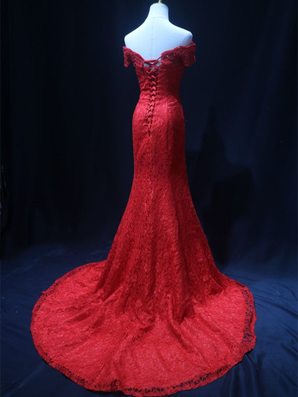 Off the Shoulder Red Mermaid Lace Prom Dresses, Red Mermaid Lace Forma
