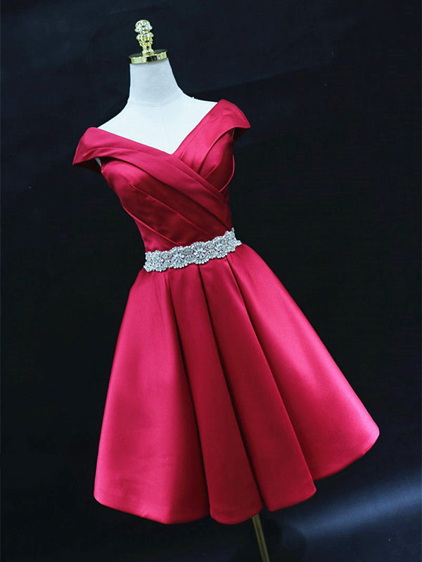Off the Shoulder Short Burgundy Prom Dresses, Short Wine Red Formal Gr