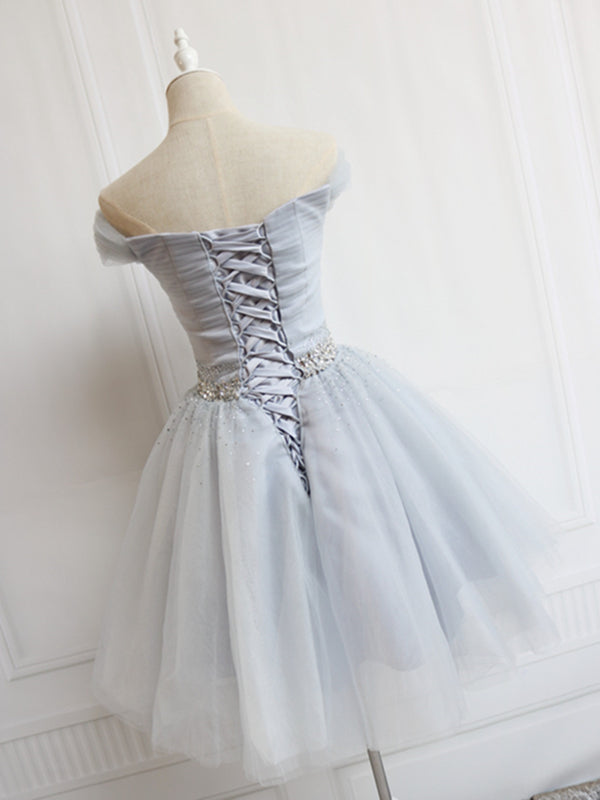 Off the Shoulder Short Gray Prom Dresses, Short Beaded Gray Graduation - shegown Off the Shoulder Short Gray Prom Dresses, Short Beaded Gray Graduation - shegown