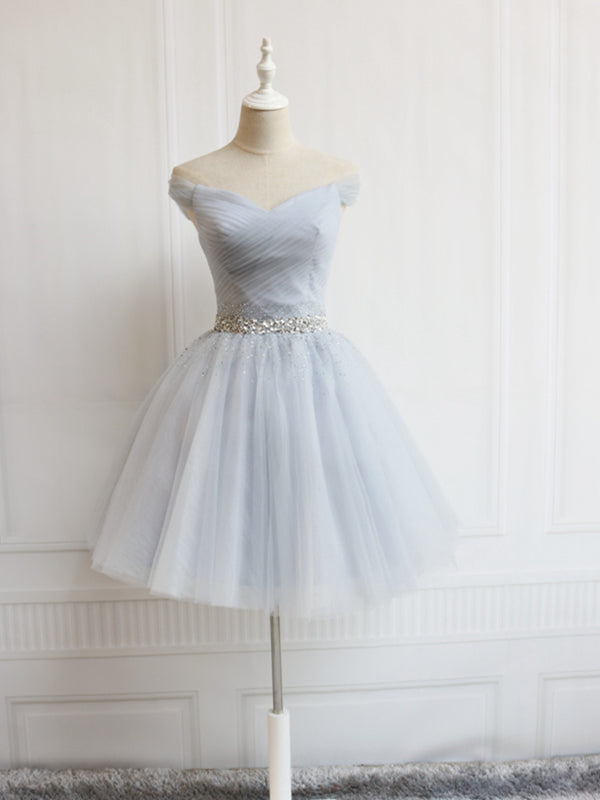Off the Shoulder Short Gray Prom Dresses, Short Beaded Gray Graduation - shegown Off the Shoulder Short Gray Prom Dresses, Short Beaded Gray Graduation - shegown