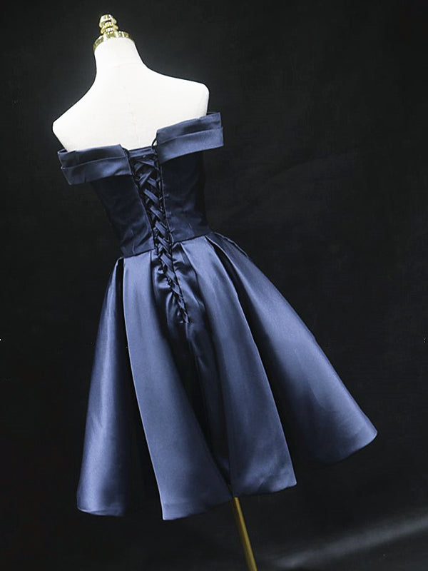 Off the Shoulder Short Navy Blue Prom Dresses, Short Blue Homecoming G