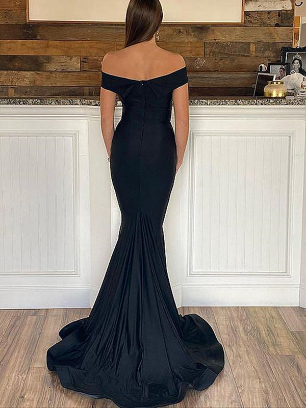 Off the Shoulder Black Satin Prom Dresses, Black Off Shoulder Formal G