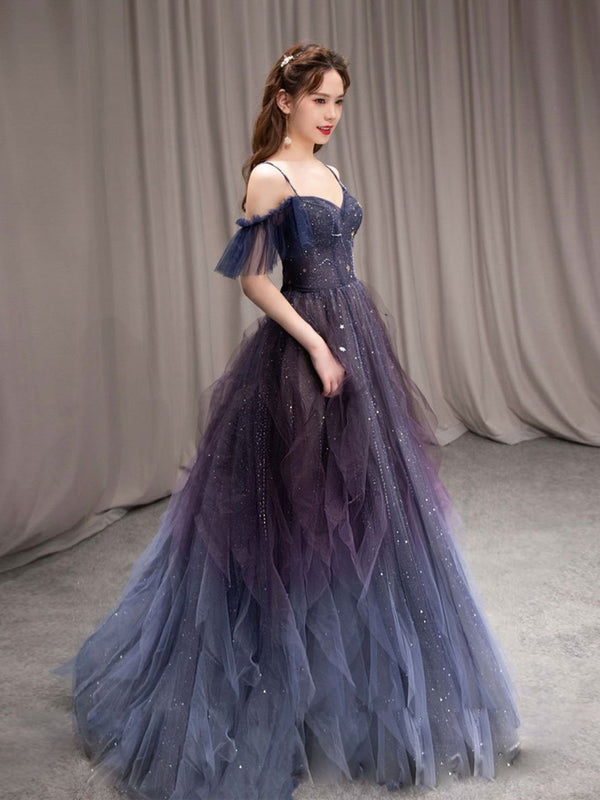 blue purple ombre dress Off the Shoulder Tulle Prom Dresses, Blue Purple Ombre Formal Graduation Dresses, Custom Size / Purple as Pics / No Rush Lace Appliques4 COLORS_Ivory Light Blue Flowers Off-Shoulder Color:Otter