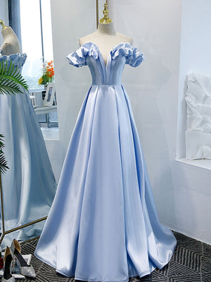 Off the Shoulder Blue Satin Prom Dresses, Sky Blue Off Shoulder Satin Long Formal Graduation Dresses