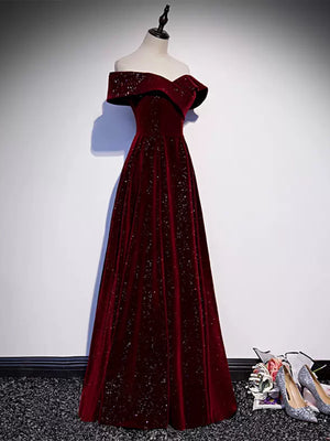 Off the Shoulder Burgundy Velvet Long Prom Dresses, Wine Red Long Formal Graduation Dresses