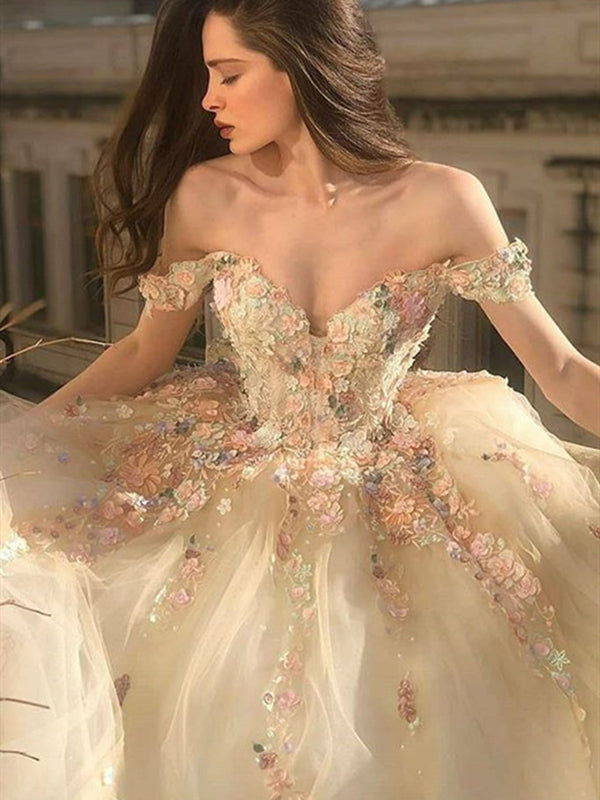 Off the Shoulder Champagne Lace Floral Long Prom Dresses, Champagne La - shegown Off the Shoulder Champagne Lace Floral Long Prom Dresses, Champagne La - shegown