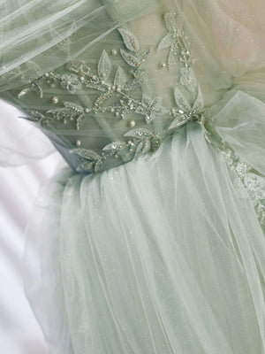 Off the Shoulder Green Tulle Long Prom Dresses, Green Off Shoulder Long Formal Evening Dresses