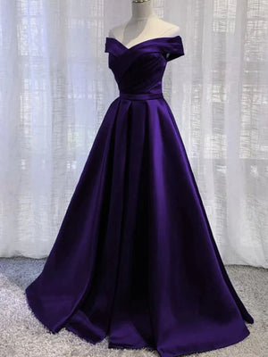Off the Shoulder Purple Satin Long Prom Dresses, Off Shoulder Long Purple Formal Graduation Dresses