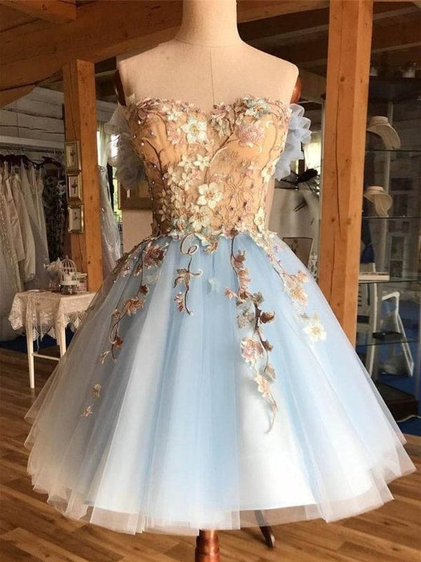 Off the Shoulder Short Blue Lace Floral Prom Dresses, Short Blue Lace -  shegown