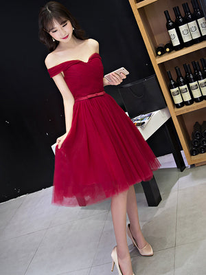 Off the Shoulder Short Burgundy Prom Dresses, Short Wine Red Formal Bridesmaid Dresses