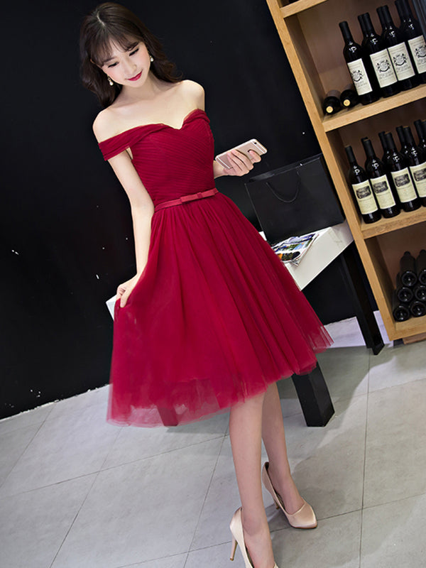 Off the Shoulder Short Burgundy Prom Dresses, Short Wine Red Formal Bridesmaid Dresses, US 16 / Custom Color / With Rush+$19.99 Off the Shoulder Short Burgundy Prom Dresses, Short Wine Red Formal Bridesmaid Dresses, US 16 / Custom Color / With Rush+$19.99