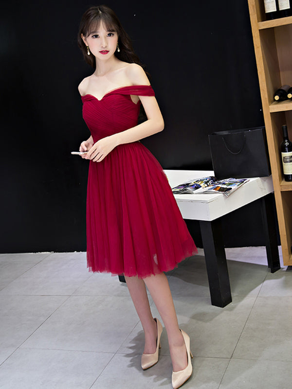 Off the Shoulder Short Burgundy Prom Dresses, Short Wine Red Formal Bridesmaid Dresses, US 16 / Custom Color / With Rush+$19.99 Off the Shoulder Short Burgundy Prom Dresses, Short Wine Red Formal Bridesmaid Dresses, US 16 / Custom Color / With Rush+$19.99