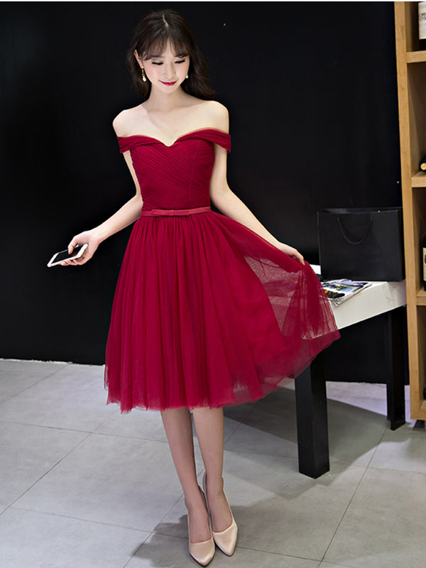 Off the Shoulder Short Burgundy Prom Dresses, Short Wine Red Formal Bridesmaid Dresses, US 16 / Custom Color / With Rush+$19.99 Off the Shoulder Short Burgundy Prom Dresses, Short Wine Red Formal Bridesmaid Dresses, US 16 / Custom Color / With Rush+$19.99