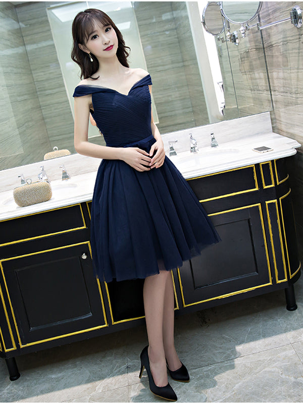 Off the Shoulder Short Navy Blue Prom Dresses, Dark Navy Blue Formal Bridesmaid Dresses, US 8 / Custom Color / With Rush+$19.99 Off the Shoulder Short Navy Blue Prom Dresses, Dark Navy Blue Formal Bridesmaid Dresses, US 8 / Custom Color / With Rush+$19.99