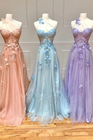 One Shoulder Pink/Blue/Purple Lace Floral Long Prom Dresses with High Slit, Pink/Blue/Purple Formal Graduation Evening Dresses