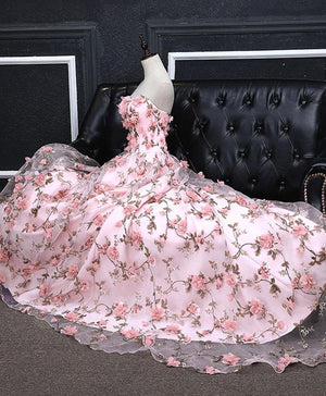 Pink 3D Flower Long Prom Dresses, 3D Floral Pink Long Formal Evening Dresses