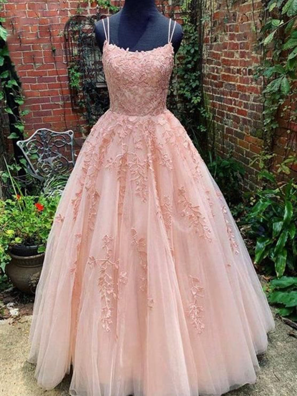 A Line Pink Long Lace Prom Dress with Double Straps, Pink Long Lace Formal Evening Bridesmaid Dresses A Line Pink Long Lace Prom Dress with Double Straps, Pink Long Lace Formal Evening Bridesmaid Dresses