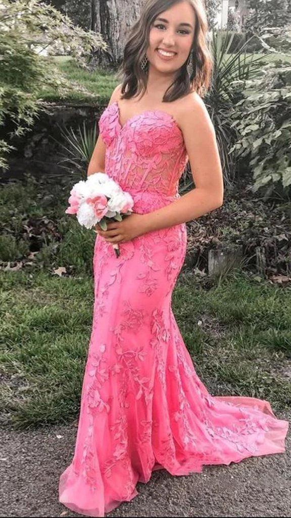 Hot Pink Mermaid Lace Prom Dresses, Pink Mermaid Lace Formal Graduation Dresses, US 8 / Custom Color / No Rush Hot Pink Mermaid Lace Prom Dresses, Pink Mermaid Lace Formal Graduation Dresses, US 8 / Custom Color / No Rush
