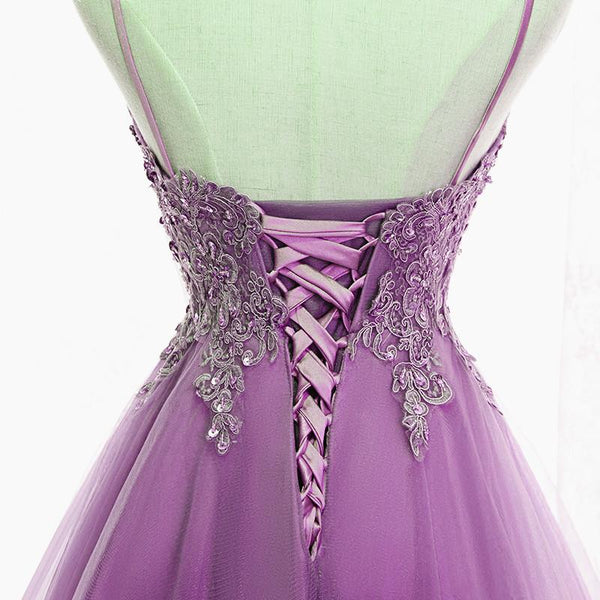 Purple High Low Lace Prom Dresses, Light Purple High Low Lace Formal  Homecoming Dresses