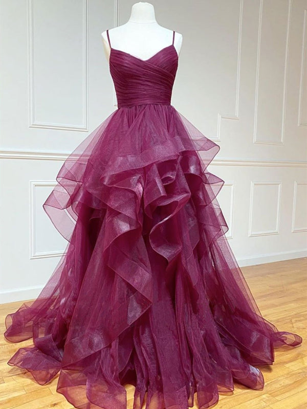 strapless open back dress V Neck Purple Tulle Long Prom Dress with Belt, Evening Dress Tp1114 US6 / As Picture