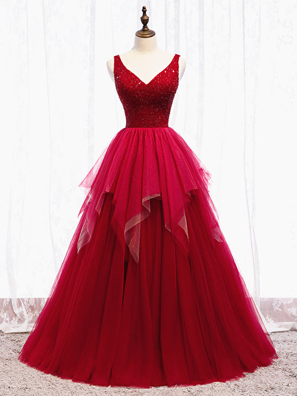 Red V Neck Long Prom Dresses with Corset Back, Red Floor Length Prom G