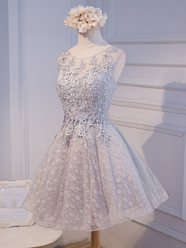Round Neck Short Gray Lace Prom Dresses, Short Gray Lace Formal Homeco - shegown Round Neck Short Gray Lace Prom Dresses, Short Gray Lace Formal Homeco - shegown