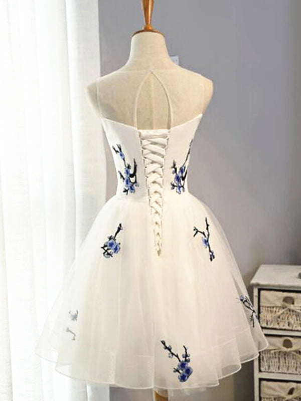 Round Neck Short White Prom Dresses, Short White Floral Graduation Hom