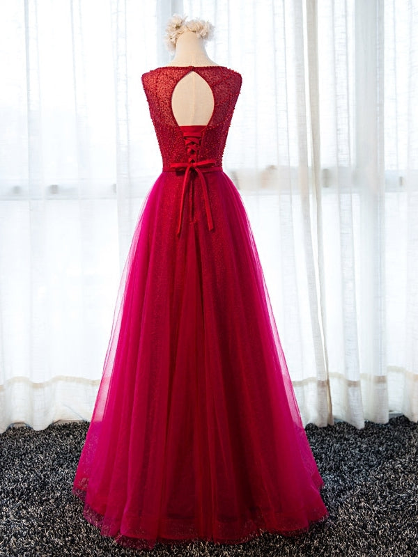 Round Neck Burgundy Beaded Prom Dresses, Wine Red Beaded Formal Evening Bridesmaid Dresses, Custom Size / Burgundy as Pics / With Rush+$19.99