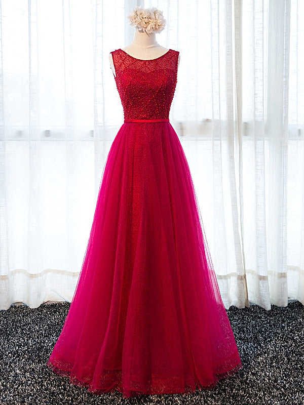 Round Neck Burgundy Beaded Prom Dresses, Wine Red Beaded Formal Evening Bridesmaid Dresses, Custom Size / Burgundy as Pics / With Rush+$19.99