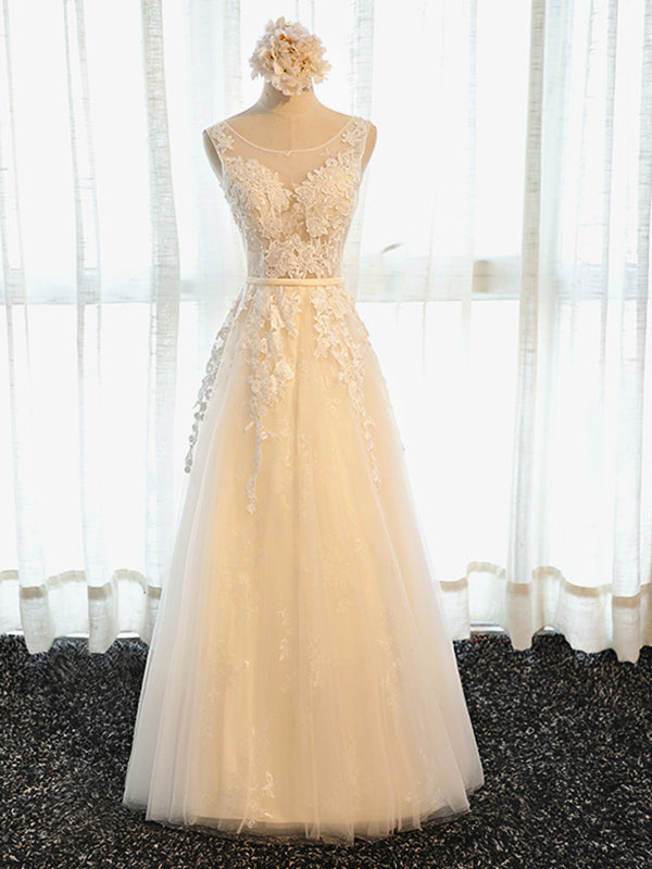 Round Neck Champagne Lace Prom Dresses, Champagne Lace Formal Evening - shegown Round Neck Champagne Lace Prom Dresses, Champagne Lace Formal Evening - shegown