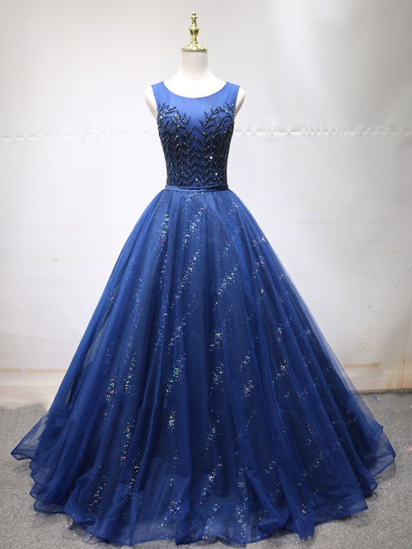 Round Neck Dark Navy Blue Long Prom Dresses with Corset Back, Navy Blu - shegown Round Neck Dark Navy Blue Long Prom Dresses with Corset Back, Navy Blu - shegown