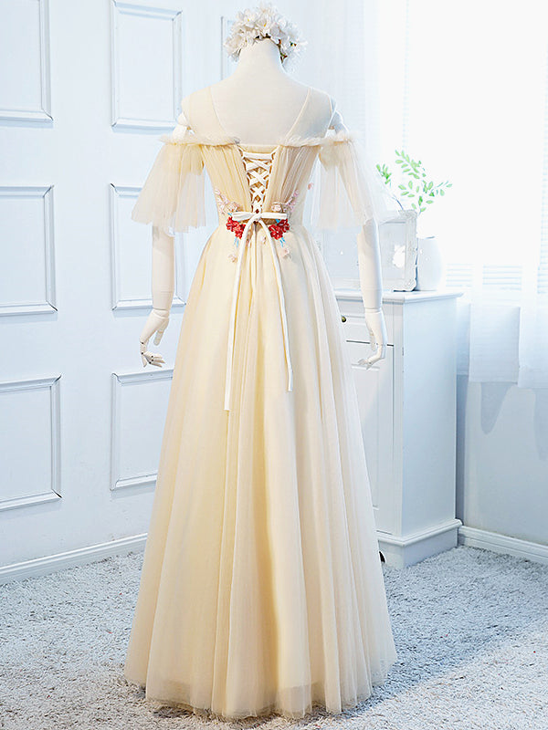 Round Neck Floral Champagne Long Prom Dress, Champagne Long Formal Bri - shegown Round Neck Floral Champagne Long Prom Dress, Champagne Long Formal Bri - shegown