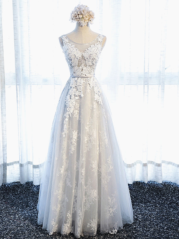 Round Neck Gray Lace Prom Dresses with Corset Back, Gray Lace Formal E - shegown Round Neck Gray Lace Prom Dresses with Corset Back, Gray Lace Formal E - shegown