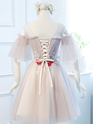 Round Neck Half Sleeves Short Pink Prom Dresses, Half Sleeves Short Pink Graduation Bridesmaid Dresses