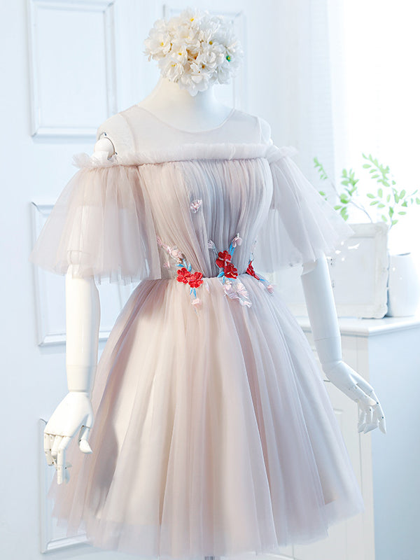 Round Neck Half Sleeves Short Pink Prom Dresses, Half Sleeves Short Pink Graduation Bridesmaid Dresses Round Neck Half Sleeves Short Pink Prom Dresses, Half Sleeves Short Pink Graduation Bridesmaid Dresses
