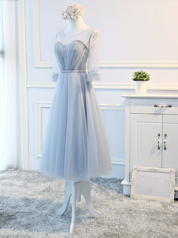 Round Neck Long Sleeves Blue Prom Dresses, Long Sleeves Blue Formal Bridesmaid Evening Dresses, Custom Size / Custom Color / No Rush