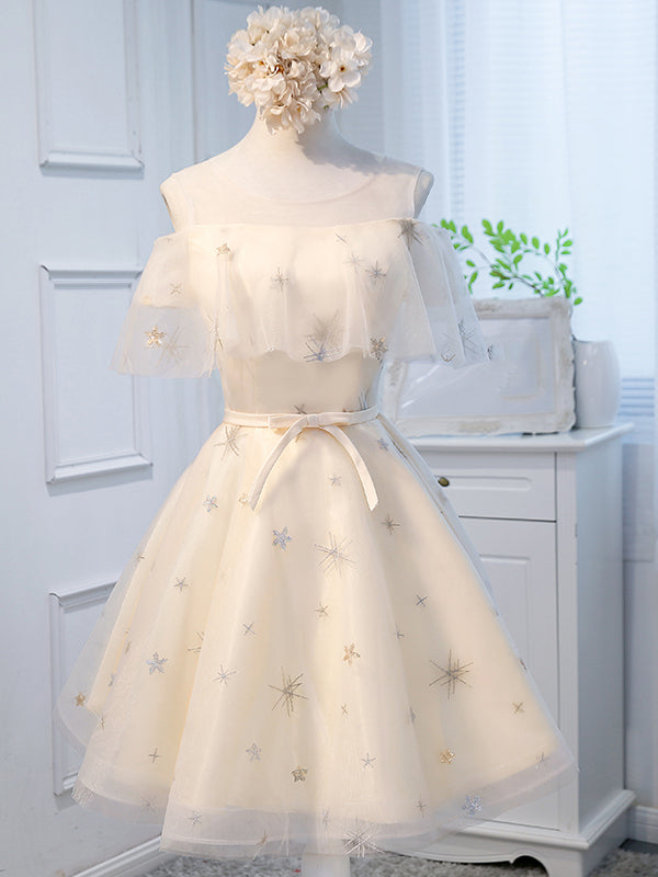 Round Neck Off the Shoulder Short Champagne Prom Dresses, Short Champa -  shegown