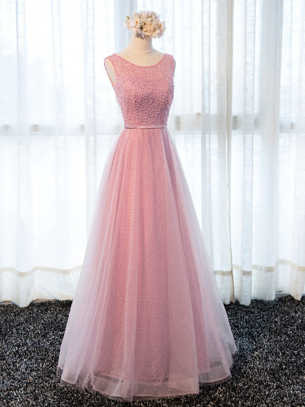 Round Neck Pink Beaded Long Prom Dresses, Pink Long Formal Evening Dre - shegown Round Neck Pink Beaded Long Prom Dresses, Pink Long Formal Evening Dre - shegown
