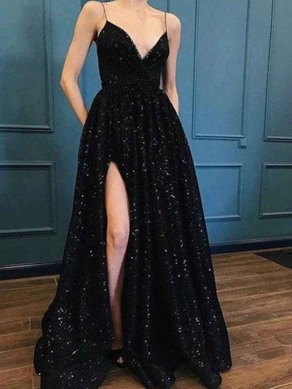 Shiny A Line V Neck Black Lace Prom Dresses, Black Lace Long Formal Ev - shegown Shiny A Line V Neck Black Lace Prom Dresses, Black Lace Long Formal Ev - shegown