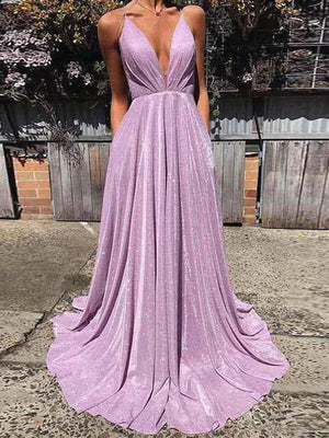 Shiny A Line V Neck Purple Prom Dresses, Purple V Neck Long Formal Graduation Dresses