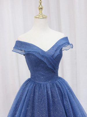 Shiny Off Shoulder Navy Blue Tulle Long Prom Dresses, Navy Blue Formal Graduation Evening Dresses