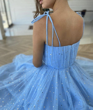 Shiny Tea Length Blue Lace Prom Dresses, Shiny Blue Lace Formal Homecoming Dresses