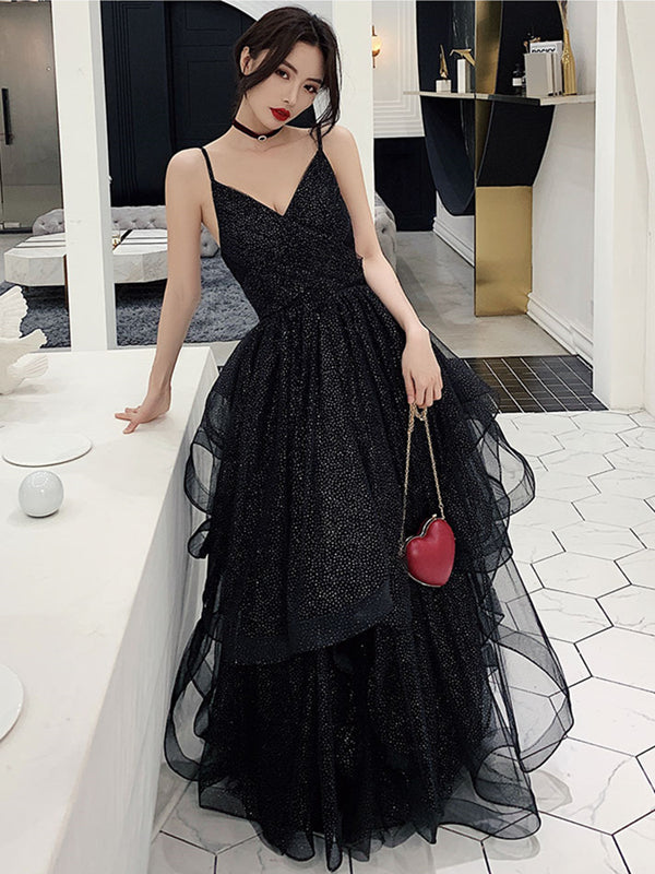 Shiny Black V Neck Prom Dresses, Backless Black V Neck Formal Evening Gown Shiny Black V Neck Prom Dresses, Backless Black V Neck Formal Evening Gown