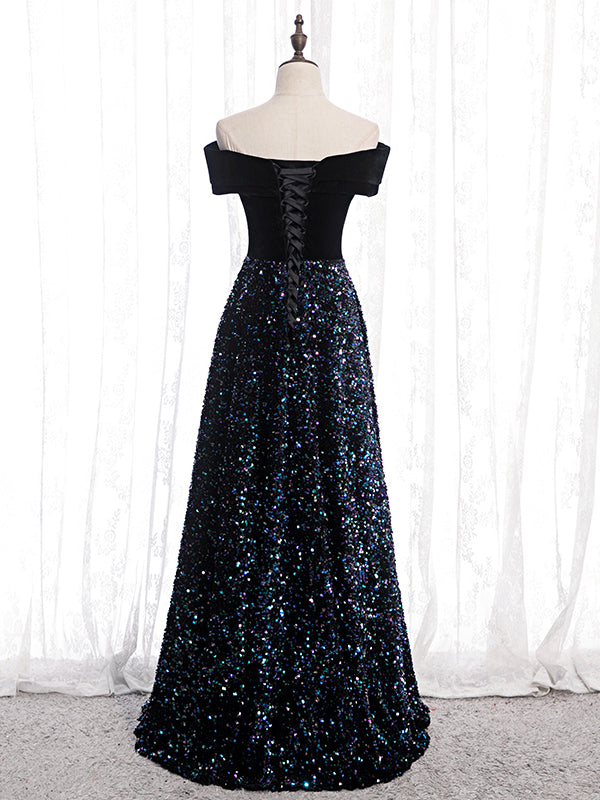 open lace back dress Wedtrend Women Sparkly Black Prom Dress Mermaid Off The Shoulder Sequins Corset Long Evening Party Dress, Black / US4