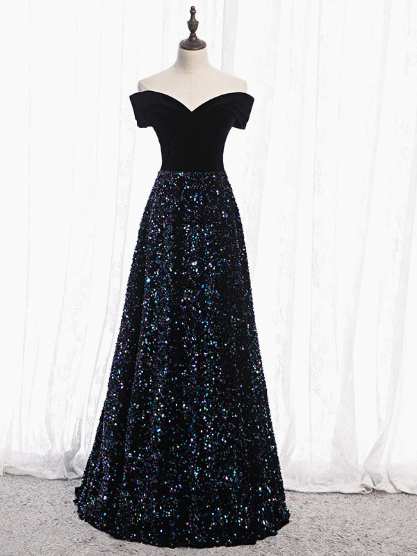 black shiny formal dress Black Sparkly Evening Dress Leona with Front Slit – Olivia Bottega main image 0
