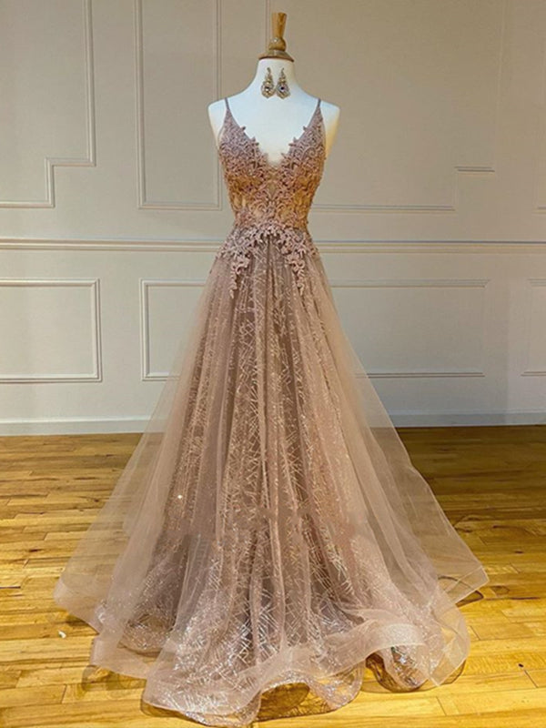 Shiny V Neck Champagne Lace Prom Dresses, Champagne V Neck Lace Formal Graduation Evening Dresses Shiny V Neck Champagne Lace Prom Dresses, Champagne V Neck Lace Formal Graduation Evening Dresses