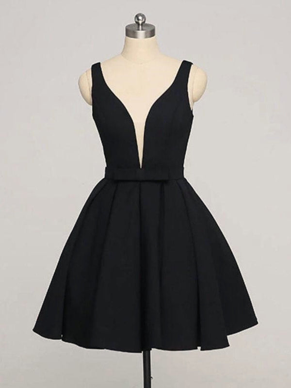 Short A Line V Neck Black Prom Dresses, Black V Neck Short Graduation Homecoming Dresses Short A Line V Neck Black Prom Dresses, Black V Neck Short Graduation Homecoming Dresses