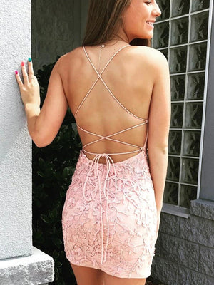 Short Pink Backless Lace Prom Dresses, Short Open Back Lace Formal Homecoming Dresses