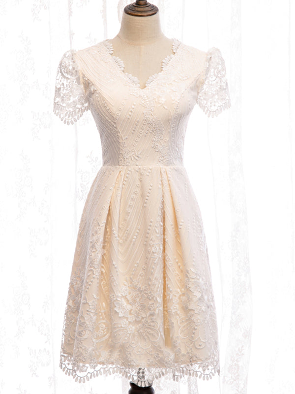 Short Sleeves Short Champagne Lace Prom Dresses, Short Champagne Lace - shegown Short Sleeves Short Champagne Lace Prom Dresses, Short Champagne Lace - shegown